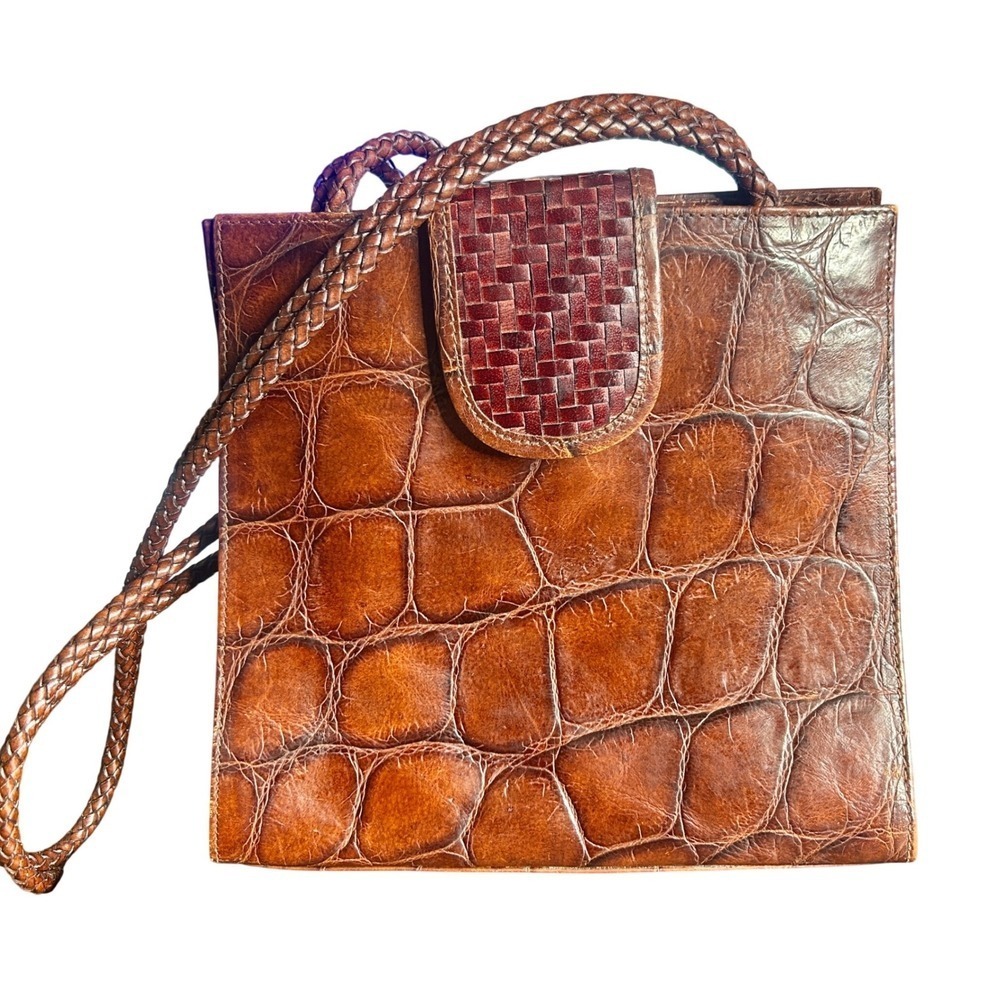Harold's Handbag Women Small Brown Croc Embossed Italian Leather Crossbody